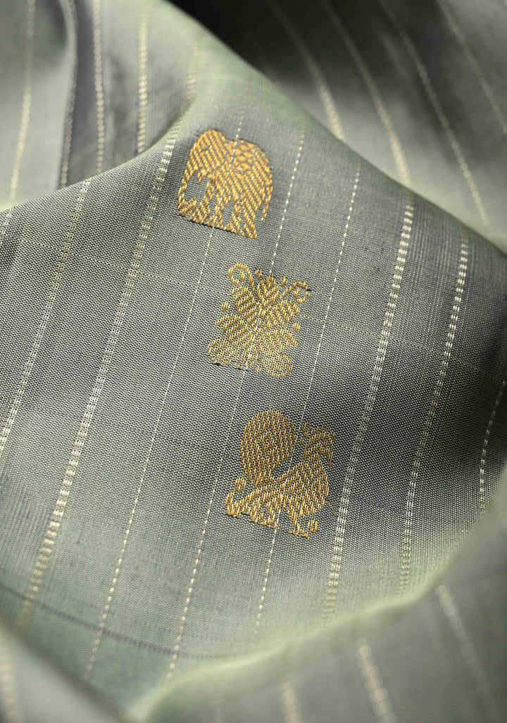 Zari Stripes and Buttas on Pure Kanjivaram Silk Saree in Sage Green with Contrast Zari Border | SILK MARK CERTIFIED