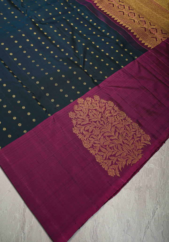 Deep Emerald Green  Kanjivaram Pure Silk Saree with zari Butti and Distinct Floral Motifs on Border | SILK MARK CERTIFIED