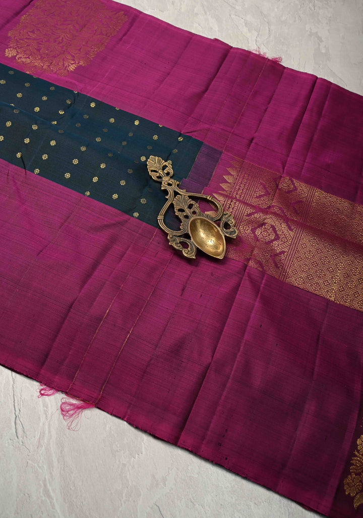 Deep Emerald Green  Kanjivaram Pure Silk Saree with zari Butti and Distinct Floral Motifs on Border | SILK MARK CERTIFIED