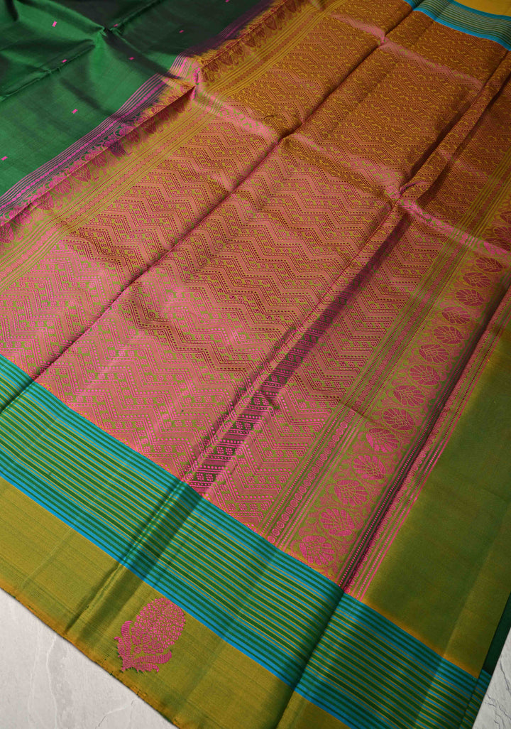 Bottle Green Kanjivaram Soft Silk Saree with Resham Buttis and Distinct Motifs on Border | SILK MARK CERTIFIED