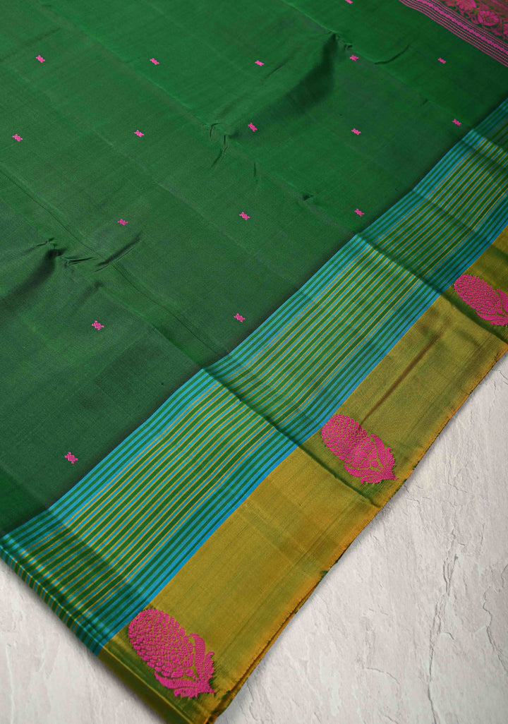 Bottle Green Kanjivaram Soft Silk Saree with Resham Buttis and Distinct Motifs on Border | SILK MARK CERTIFIED