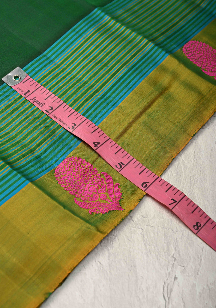 Bottle Green Kanjivaram Soft Silk Saree with Resham Buttis and Distinct Motifs on Border | SILK MARK CERTIFIED