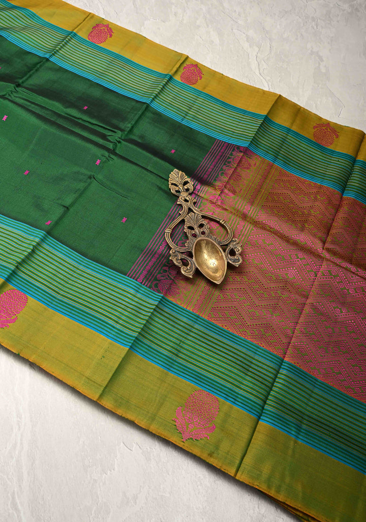 Bottle Green Kanjivaram Soft Silk Saree with Resham Buttis and Distinct Motifs on Border | SILK MARK CERTIFIED