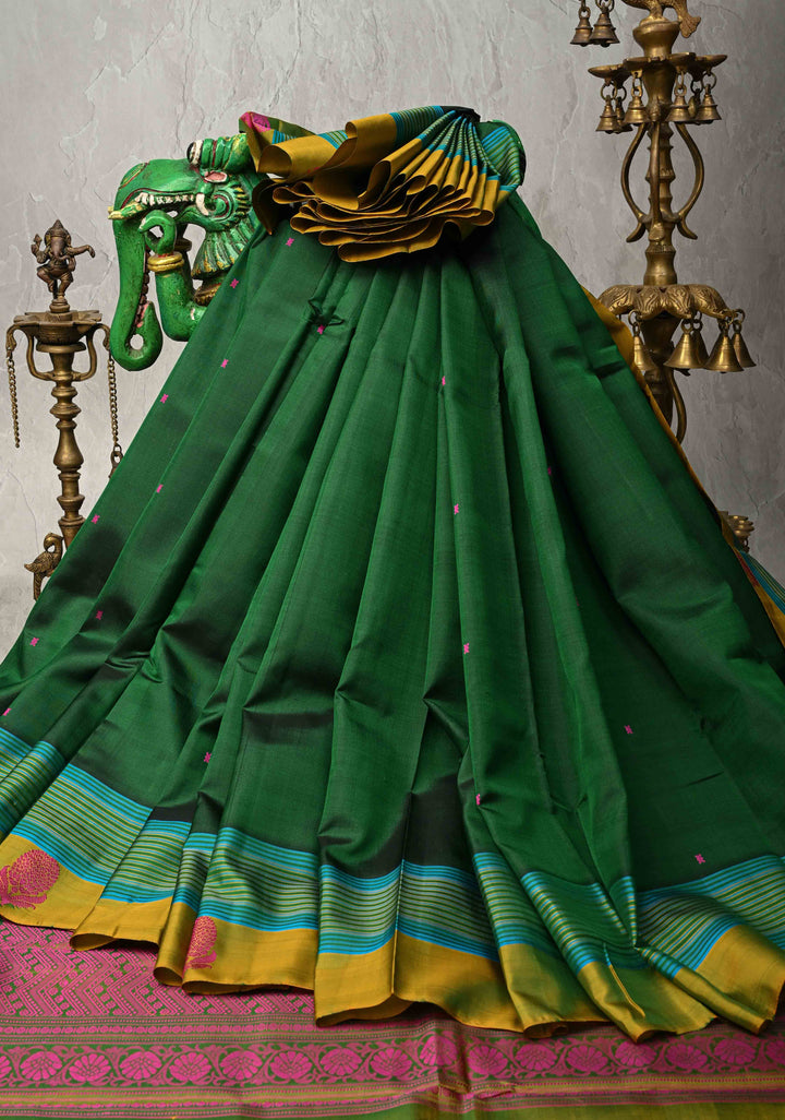 Bottle Green Kanjivaram Soft Silk Saree with Resham Buttis and Distinct Motifs on Border | SILK MARK CERTIFIED