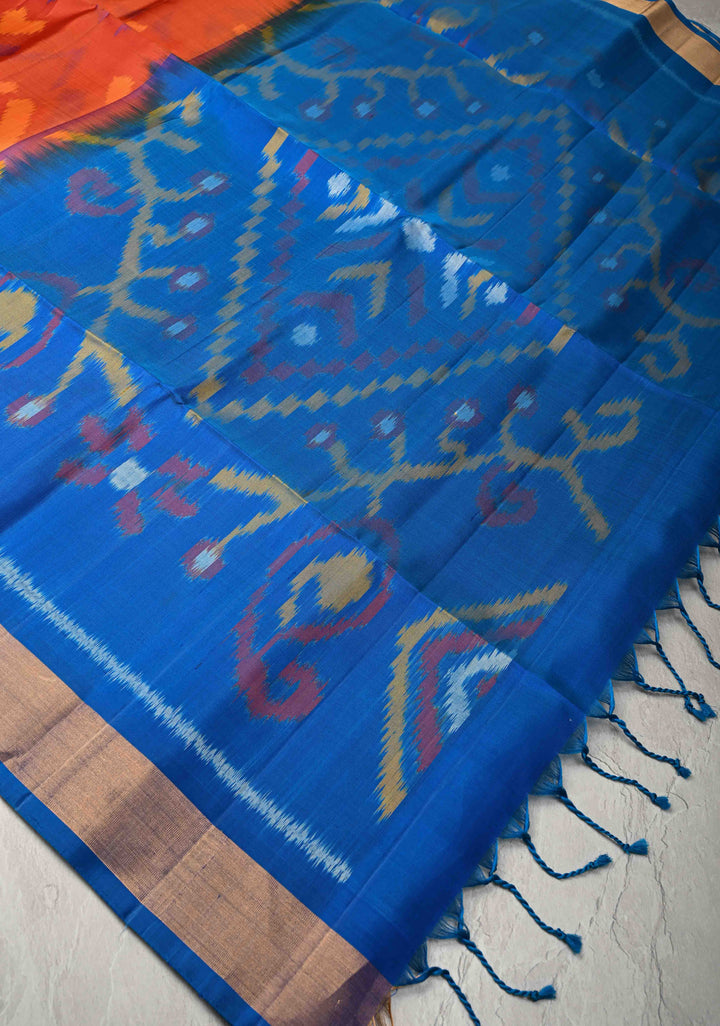 Orange Red Kanjivaram Ikkat Soft Silk Saree with Contrast Tissue Border | SILK MARK CERTIFIED