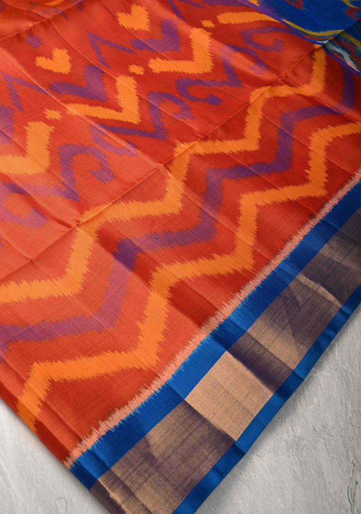 Orange Red Kanjivaram Ikkat Soft Silk Saree with Contrast Tissue Border | SILK MARK CERTIFIED