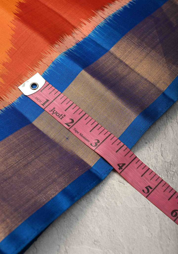 Orange Red Kanjivaram Ikkat Soft Silk Saree with Contrast Tissue Border | SILK MARK CERTIFIED