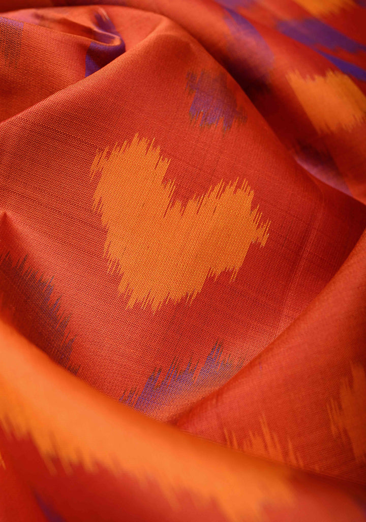 Orange Red Kanjivaram Ikkat Soft Silk Saree with Contrast Tissue Border | SILK MARK CERTIFIED
