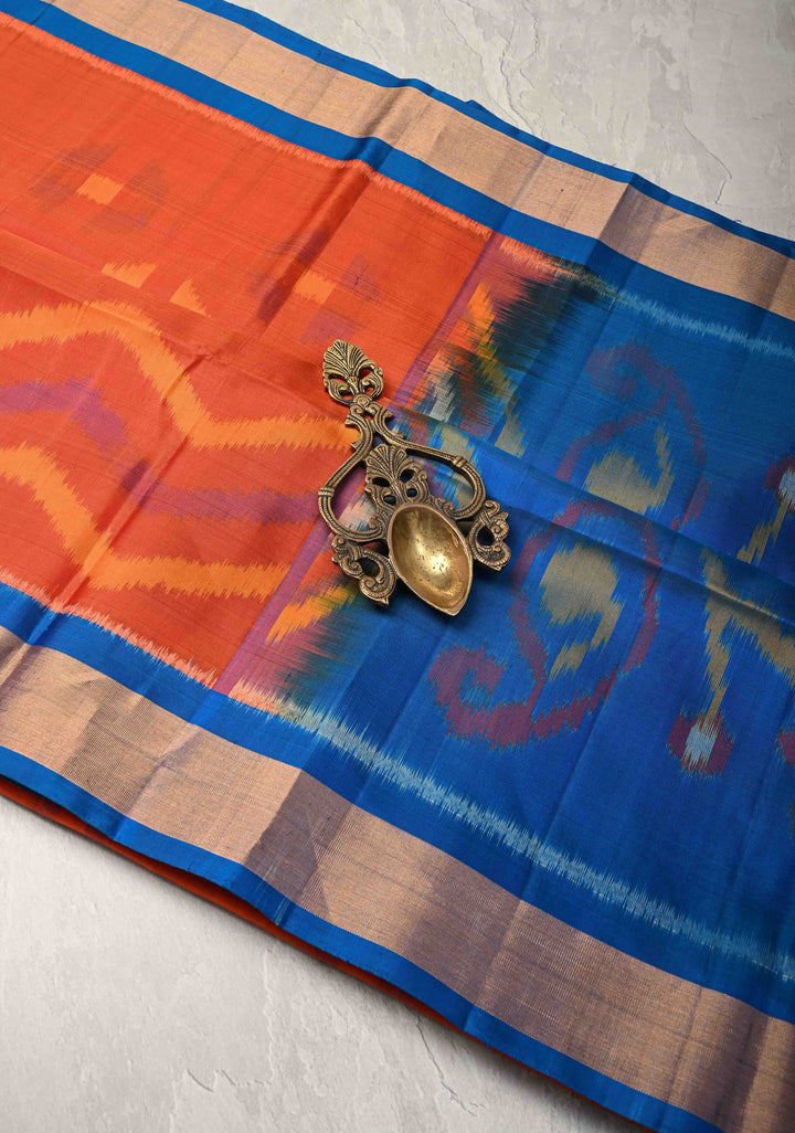 Orange Red Kanjivaram Ikkat Soft Silk Saree with Contrast Tissue Border | SILK MARK CERTIFIED
