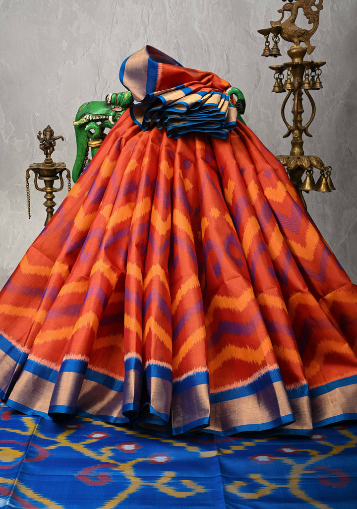 Orange Red Kanjivaram Ikkat Soft Silk Saree with Contrast Tissue Border | SILK MARK CERTIFIED