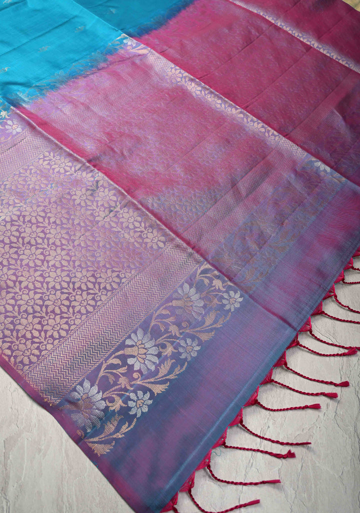 Aqua Blue Kanjivaram Soft Silk Saree with Zari Buttas and Contrast Zari Border | SILK MARK CERTIFIED