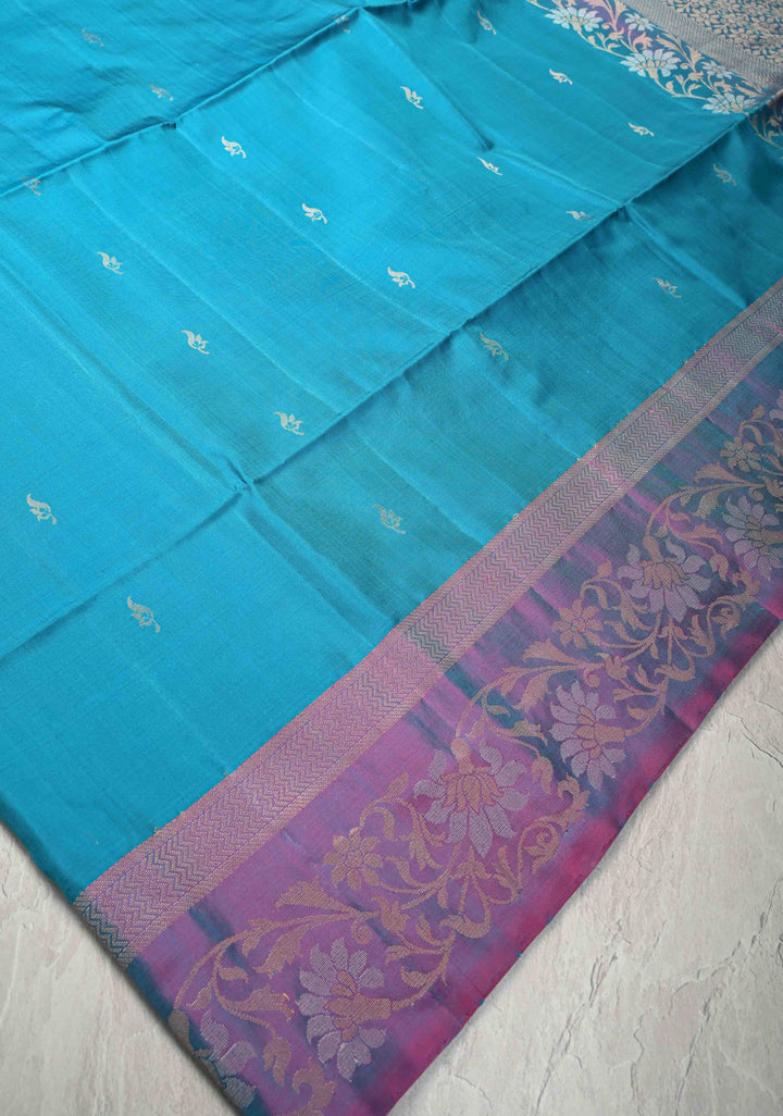 Aqua Blue Kanjivaram Soft Silk Saree with Zari Buttas and Contrast Zari Border | SILK MARK CERTIFIED
