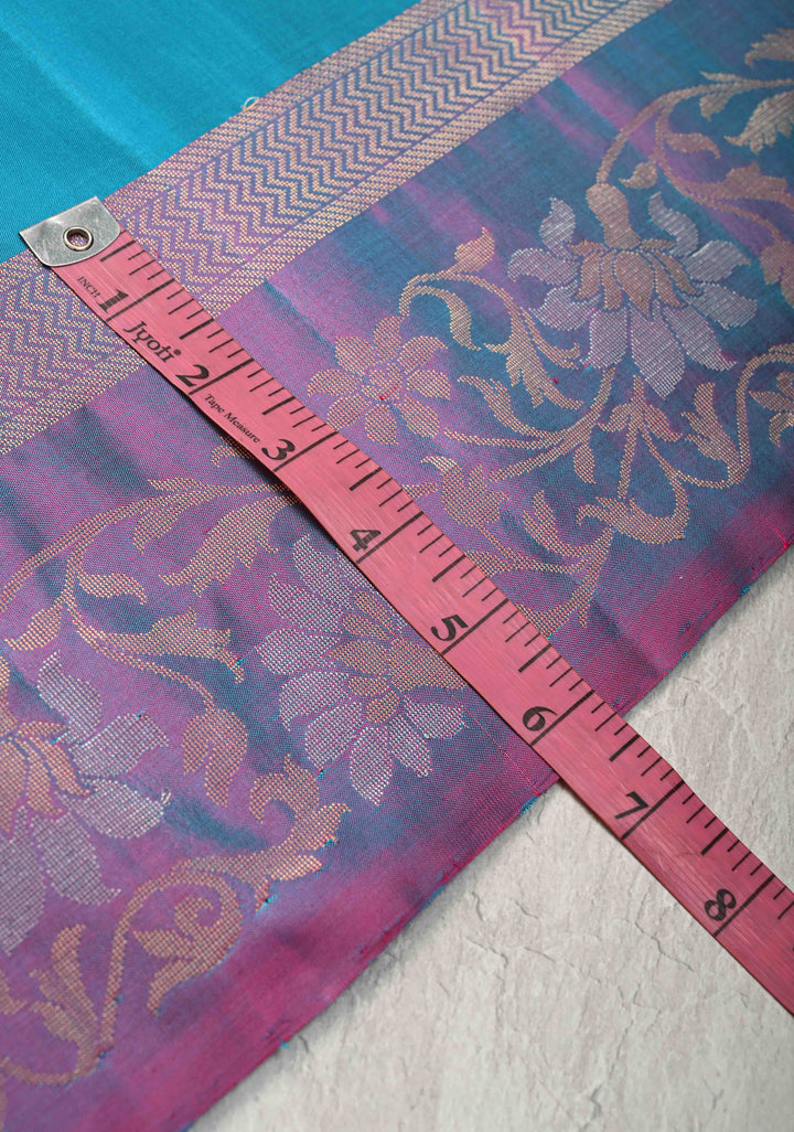 Aqua Blue Kanjivaram Soft Silk Saree with Zari Buttas and Contrast Zari Border | SILK MARK CERTIFIED