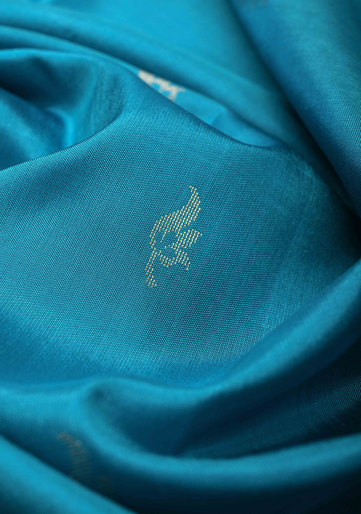 Aqua Blue Kanjivaram Soft Silk Saree with Zari Buttas and Contrast Zari Border | SILK MARK CERTIFIED