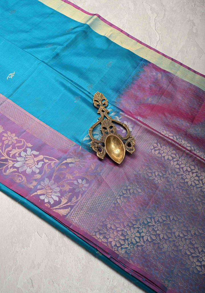 Aqua Blue Kanjivaram Soft Silk Saree with Zari Buttas and Contrast Zari Border | SILK MARK CERTIFIED