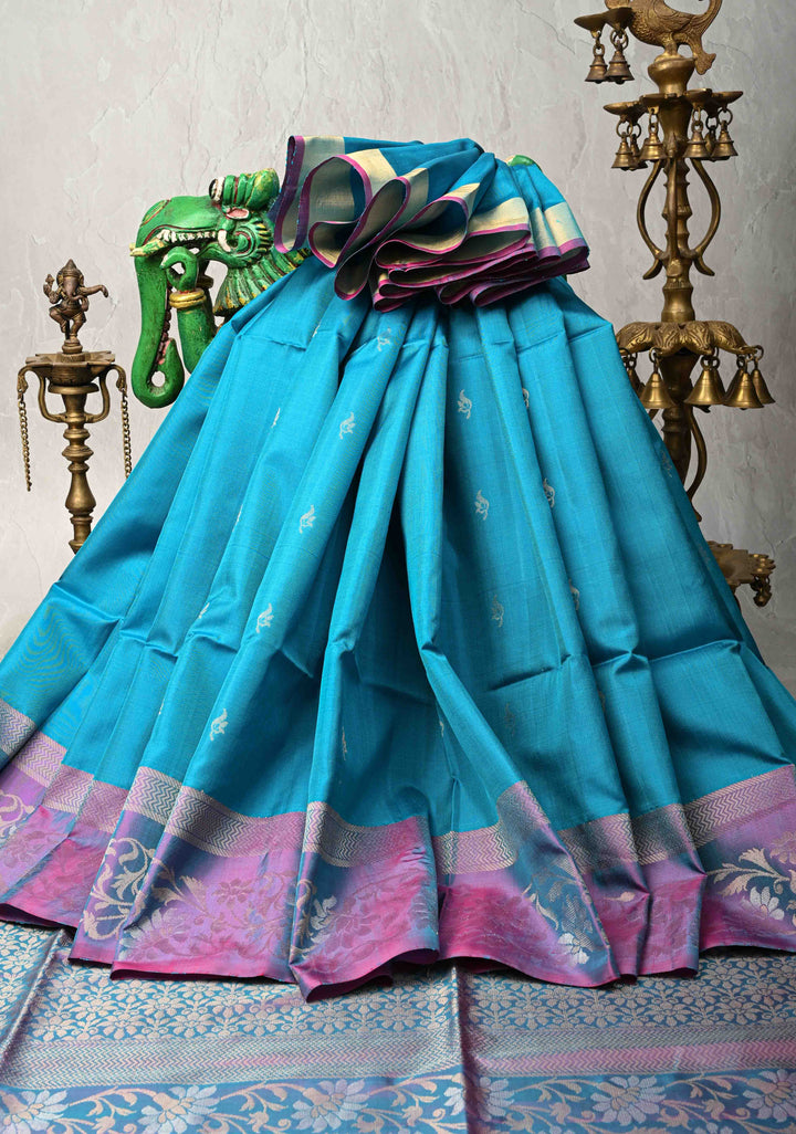 Aqua Blue Kanjivaram Soft Silk Saree with Zari Buttas and Contrast Zari Border | SILK MARK CERTIFIED