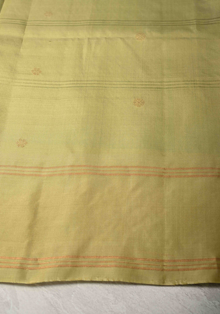 Sea Green Dual Tone Checks Kanjivaram Saree with Damask Motifs Cross Stitch Machine Embroidery Border | SILK MARK CERTIFIED