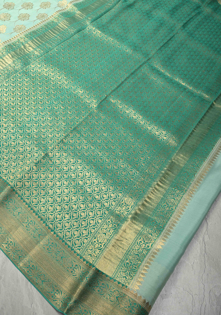 Mint Green Mysore Crepe Silk Saree with Zari Brocade Jaal and Brush Dye on Zari Borders   | Silk Mark Certified