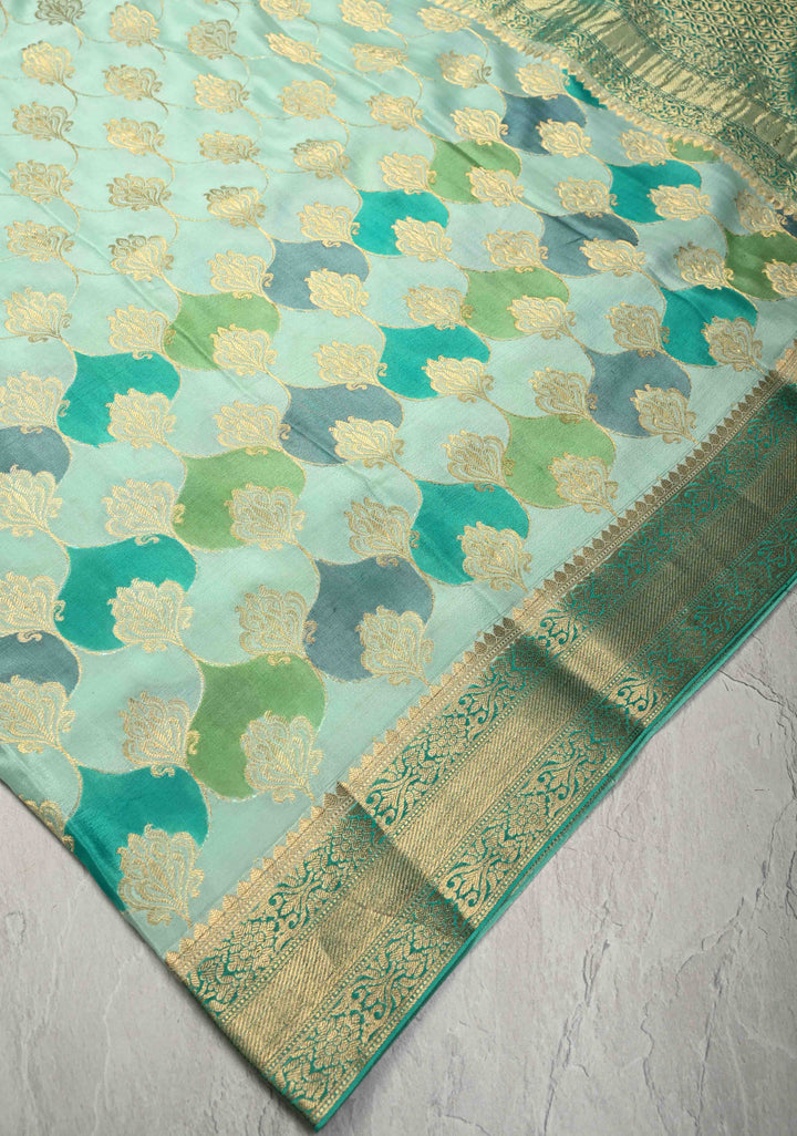 Mint Green Mysore Crepe Silk Saree with Zari Brocade Jaal and Brush Dye on Zari Borders   | Silk Mark Certified