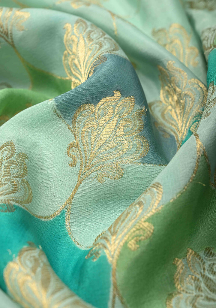 Mint Green Mysore Crepe Silk Saree with Zari Brocade Jaal and Brush Dye on Zari Borders   | Silk Mark Certified