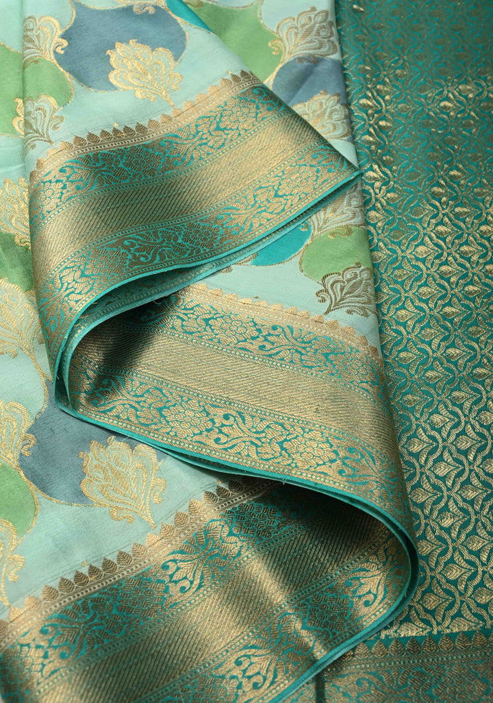 Mint Green Mysore Crepe Silk Saree with Zari Brocade Jaal and Brush Dye on Zari Borders   | Silk Mark Certified