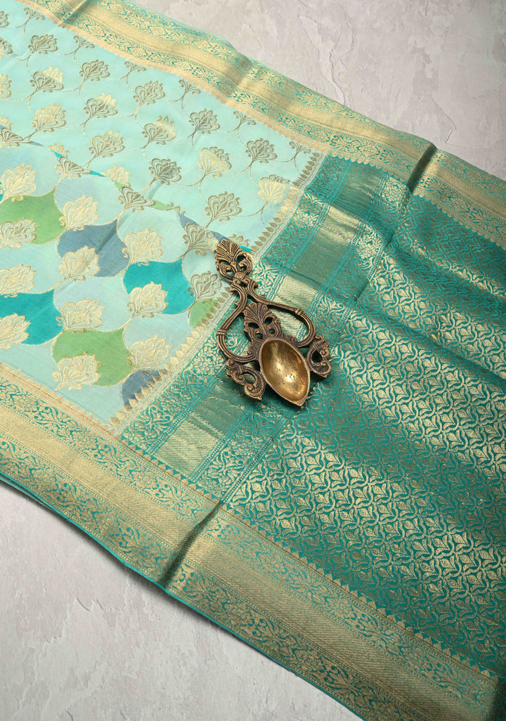 Mint Green Mysore Crepe Silk Saree with Zari Brocade Jaal and Brush Dye on Zari Borders   | Silk Mark Certified
