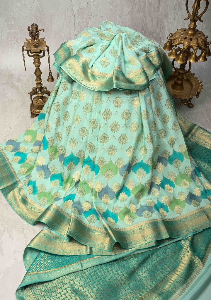 Mint Green Mysore Crepe Silk Saree with Zari Brocade Jaal and Brush Dye on Zari Borders   | Silk Mark Certified