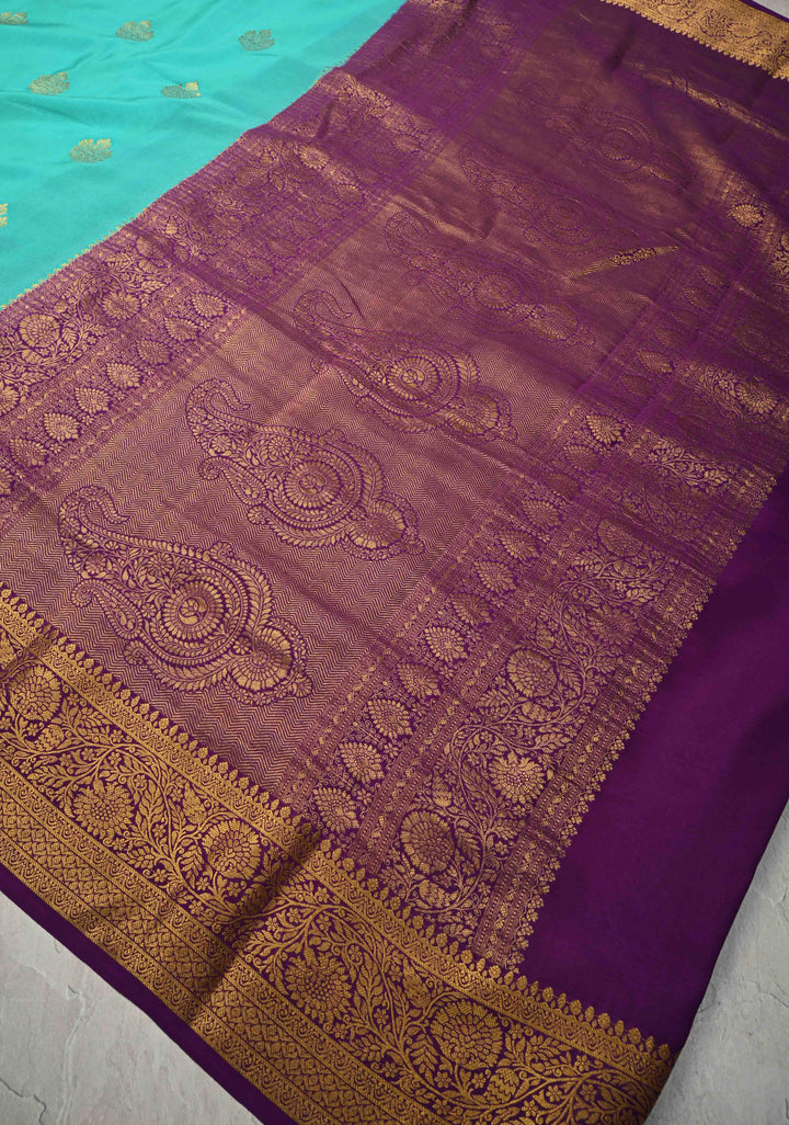 Turquoise Pure Mysore Silk Saree with Zari Buttas and Contrast Zari Border | SILK MARK CERTIFIED