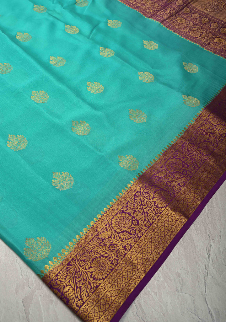 Turquoise Pure Mysore Silk Saree with Zari Buttas and Contrast Zari Border | SILK MARK CERTIFIED