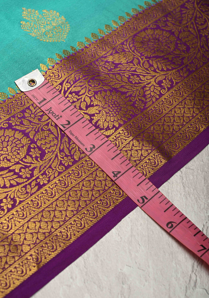 Turquoise Pure Mysore Silk Saree with Zari Buttas and Contrast Zari Border | SILK MARK CERTIFIED