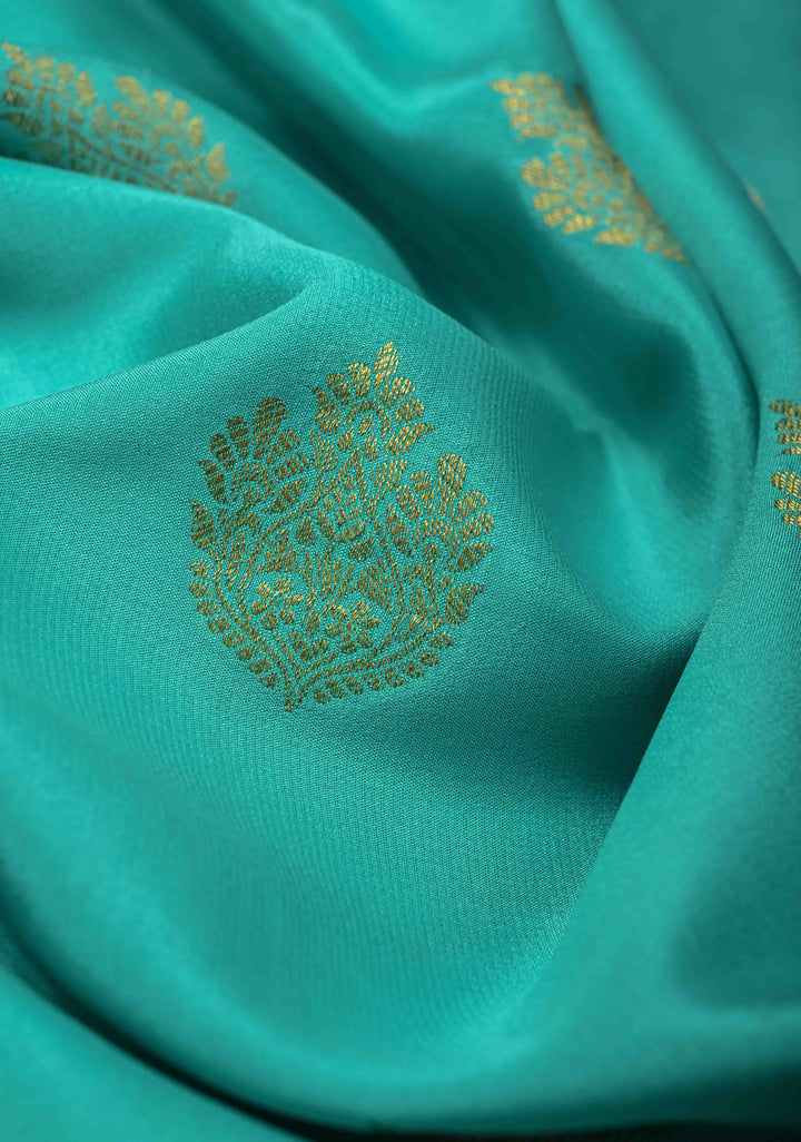 Turquoise Pure Mysore Silk Saree with Zari Buttas and Contrast Zari Border | SILK MARK CERTIFIED