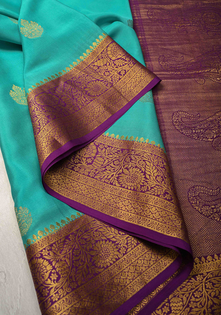 Turquoise Pure Mysore Silk Saree with Zari Buttas and Contrast Zari Border | SILK MARK CERTIFIED