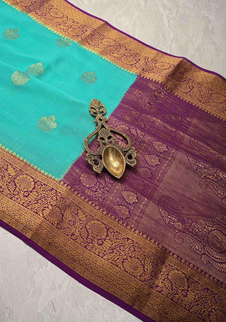 Turquoise Pure Mysore Silk Saree with Zari Buttas and Contrast Zari Border | SILK MARK CERTIFIED