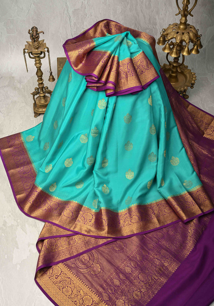 Turquoise Pure Mysore Silk Saree with Zari Buttas and Contrast Zari Border | SILK MARK CERTIFIED