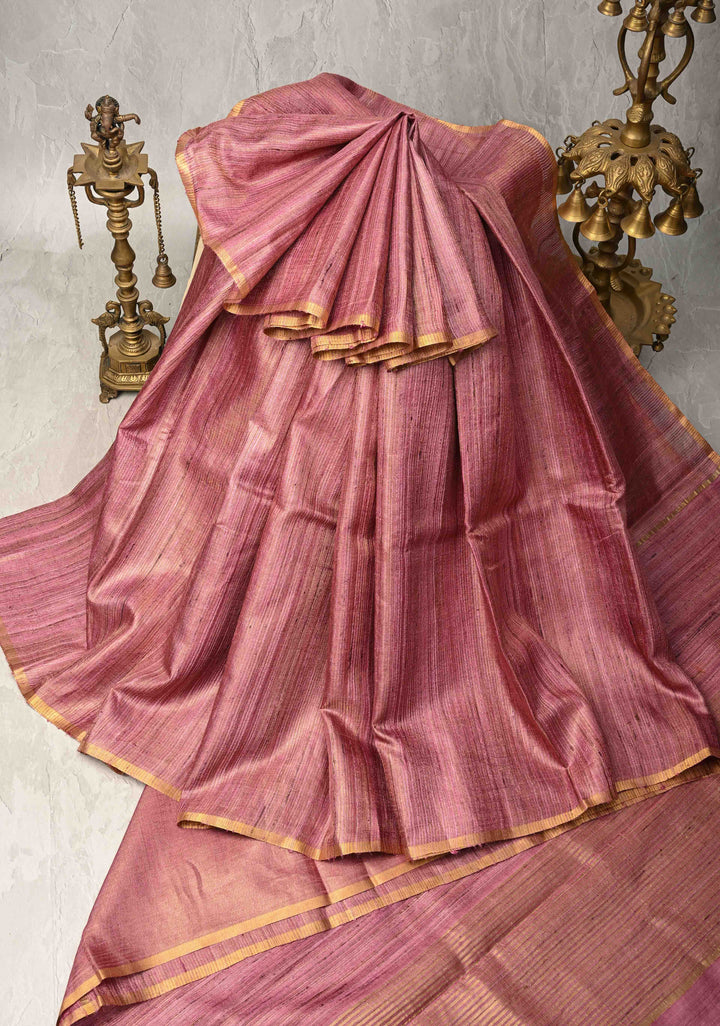 Rose Pink Geecha Tussar tissue Saree with Minimal Zari Border | SILK MARK CERTIFIED