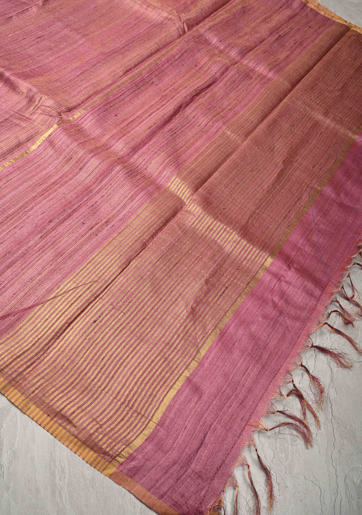 Rose Pink Geecha Tussar tissue Saree with Minimal Zari Border | SILK MARK CERTIFIED