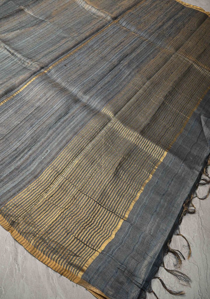 Bluish Grey Geecha Tussar tissue Saree with Minimal Zari Border | SILK MARK CERTIFIED