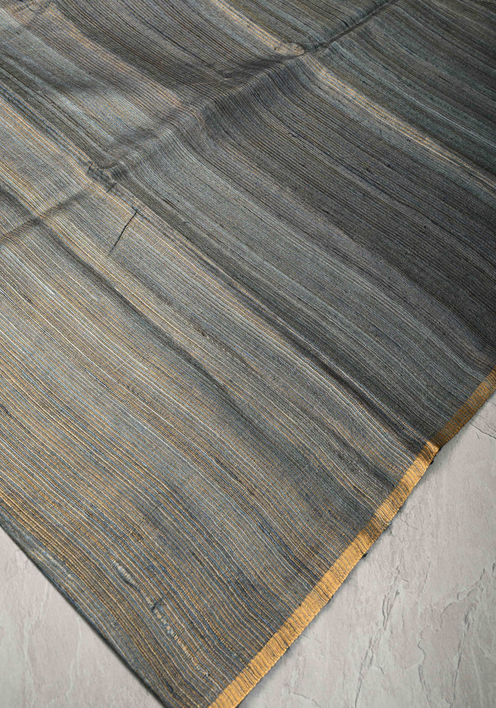 Bluish Grey Geecha Tussar tissue Saree with Minimal Zari Border | SILK MARK CERTIFIED