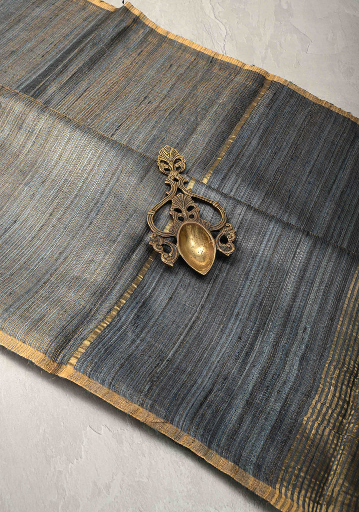 Bluish Grey Geecha Tussar tissue Saree with Minimal Zari Border | SILK MARK CERTIFIED