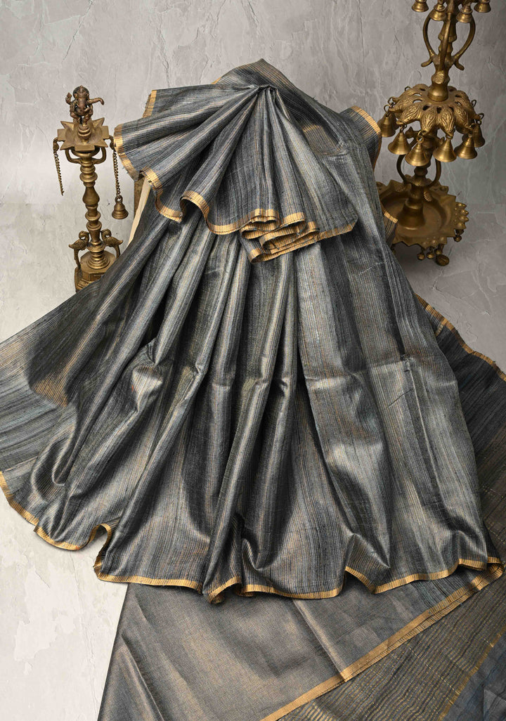 Bluish Grey Geecha Tussar tissue Saree with Minimal Zari Border | SILK MARK CERTIFIED