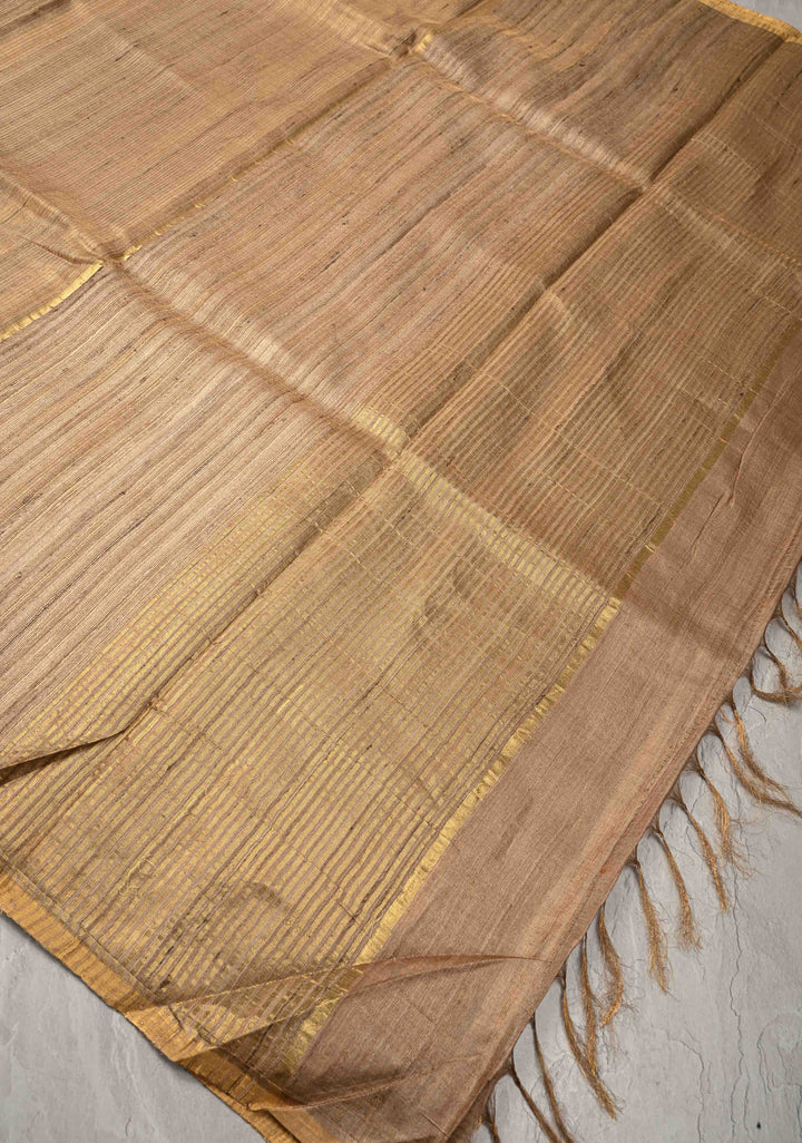Beige Geecha Tussar tissue Saree with Minimal Zari Border | SILK MARK CERTIFIED