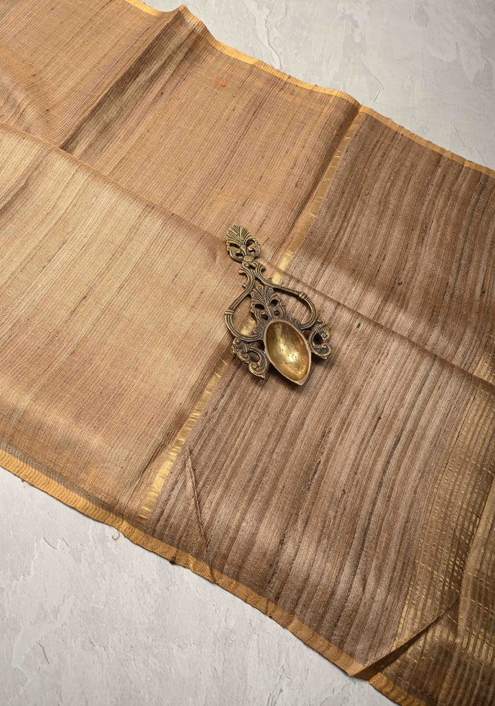 Beige Geecha Tussar tissue Saree with Minimal Zari Border | SILK MARK CERTIFIED