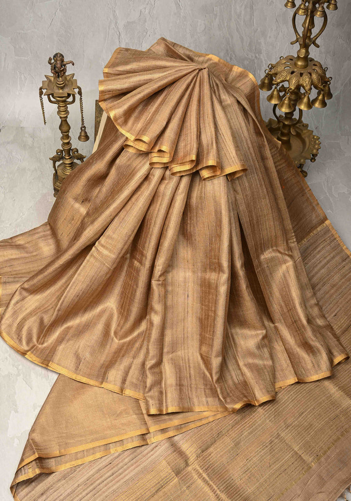 Beige Geecha Tussar tissue Saree with Minimal Zari Border | SILK MARK CERTIFIED