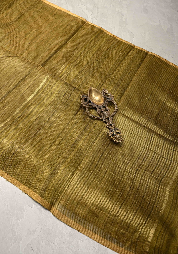 Olive Green Geecha Tussar tissue Saree with Minimal Zari Border | SILK MARK CERTIFIED