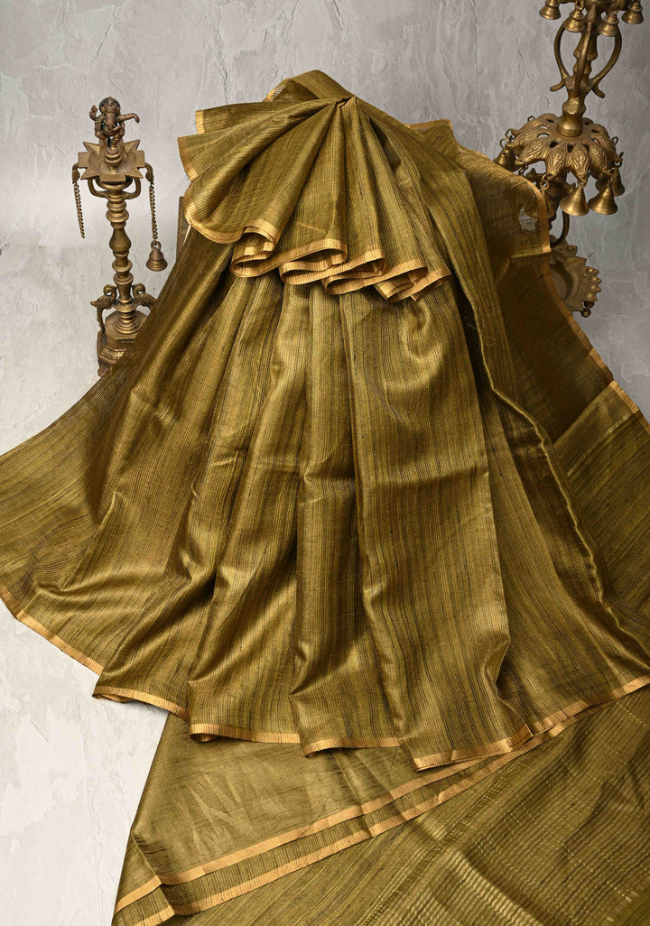 Olive Green Geecha Tussar tissue Saree with Minimal Zari Border | SILK MARK CERTIFIED