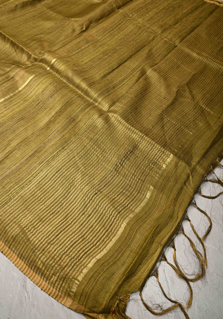 Olive Green Geecha Tussar tissue Saree with Minimal Zari Border | SILK MARK CERTIFIED