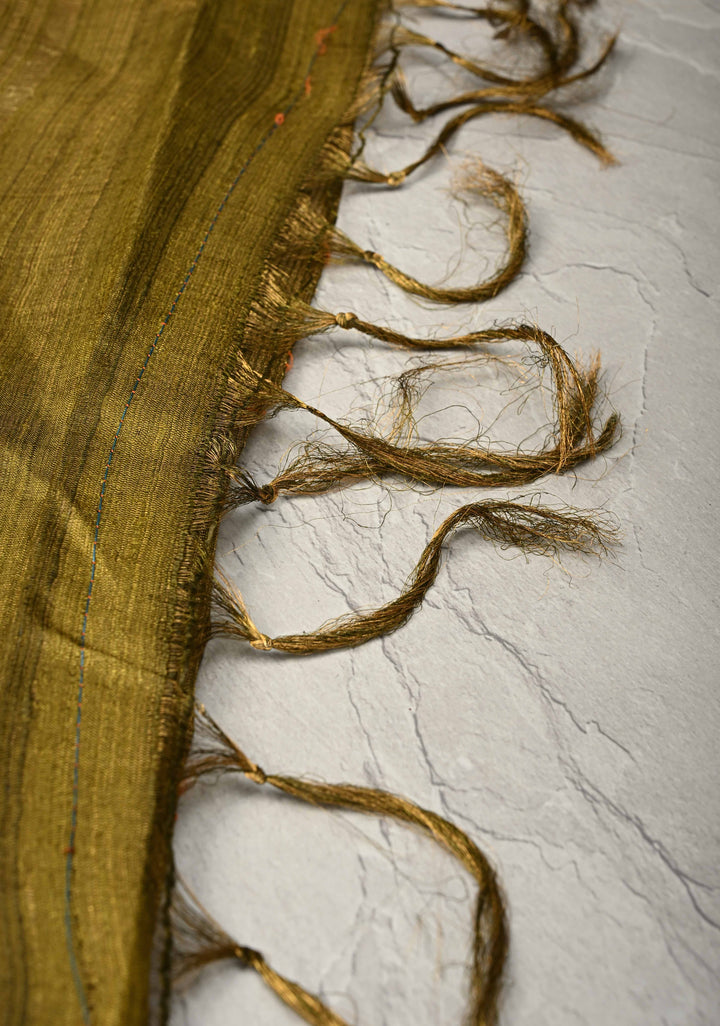 Olive Green Geecha Tussar tissue Saree with Minimal Zari Border | SILK MARK CERTIFIED