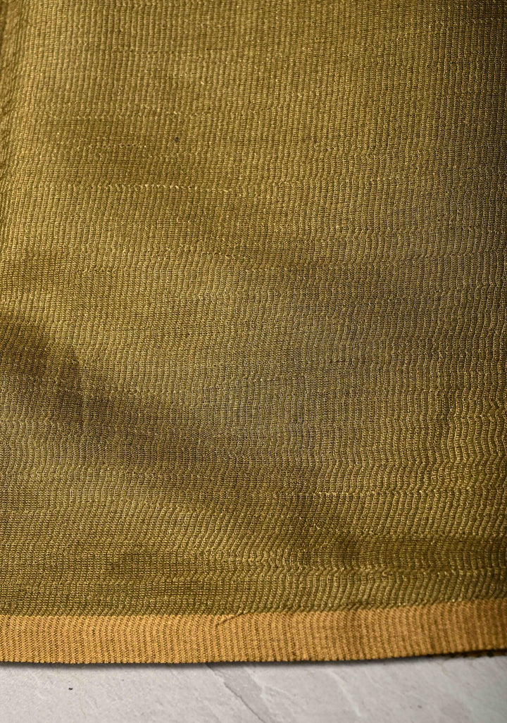 Olive Green Geecha Tussar tissue Saree with Minimal Zari Border | SILK MARK CERTIFIED