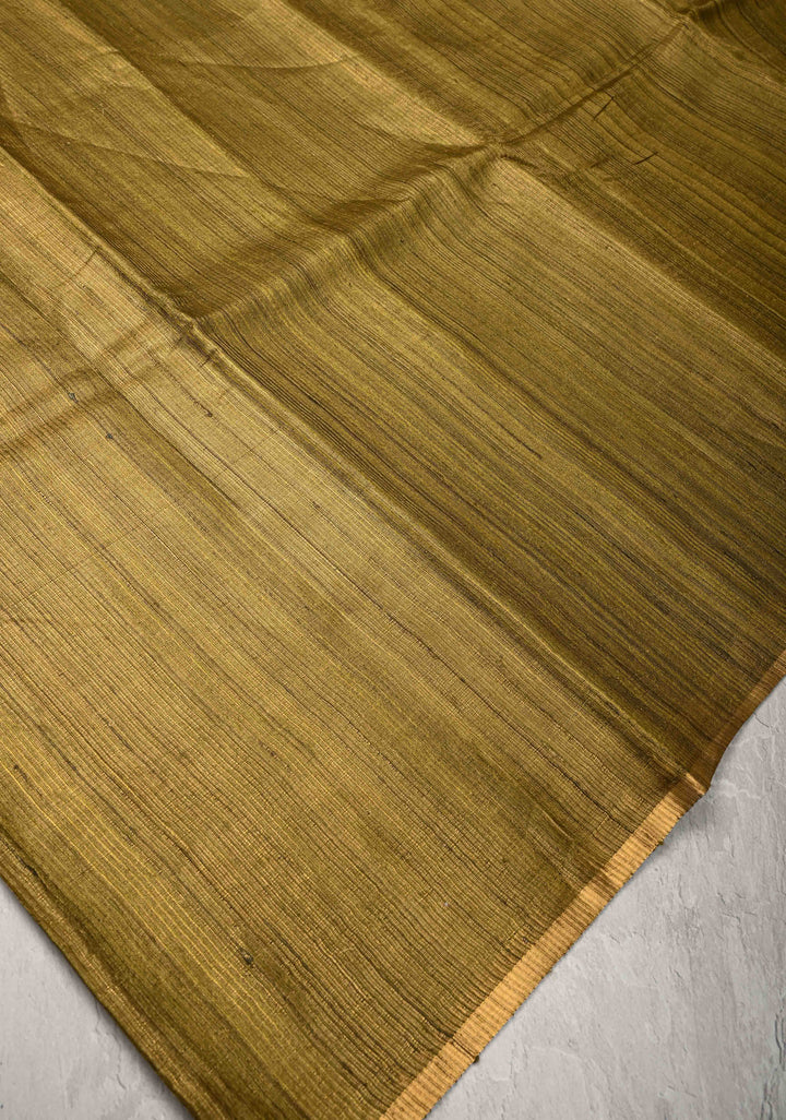 Olive Green Geecha Tussar tissue Saree with Minimal Zari Border | SILK MARK CERTIFIED