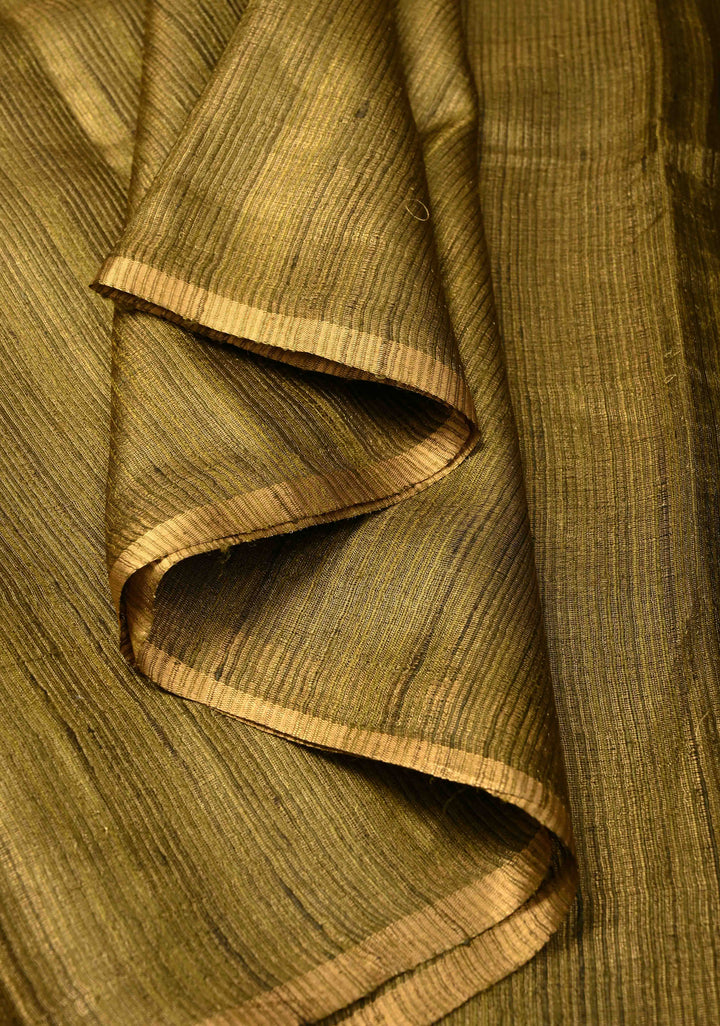 Olive Green Geecha Tussar tissue Saree with Minimal Zari Border | SILK MARK CERTIFIED